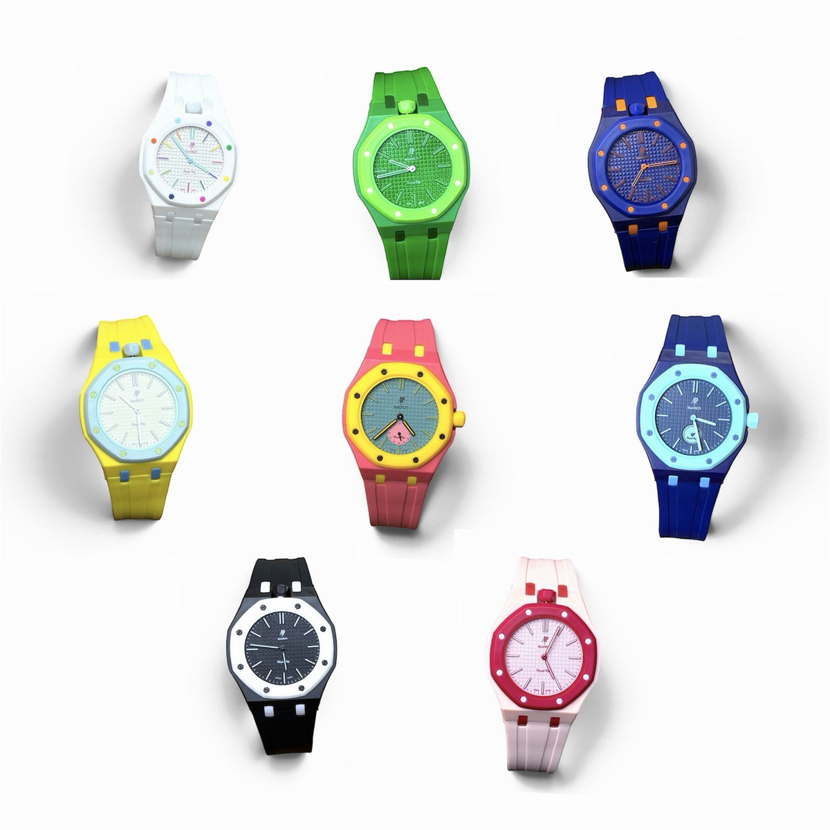 MullWatch collection of octagonal silicone strap wristwatches in various vibrant and monochromatic colors.